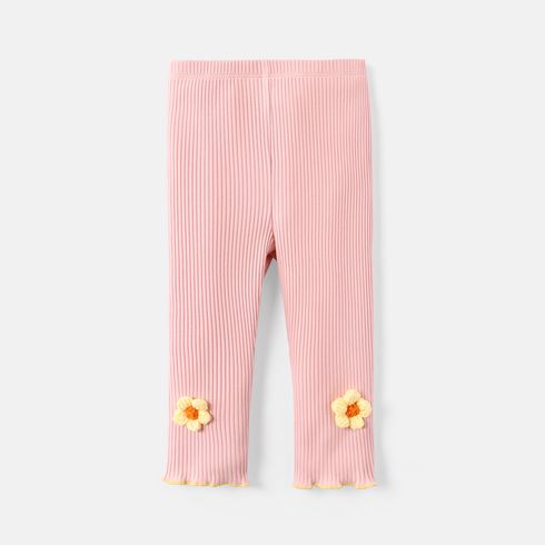 Baby Girl Knit Flower Detail Solid Cotton Ribbed Leggings