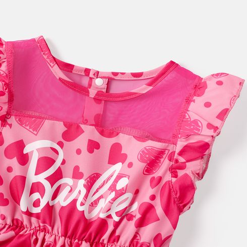 Barbie Toddler/Kid Girl Mother's Day Heart Print Layered Flutter-sleeve Dress Hot Pink big image 3
