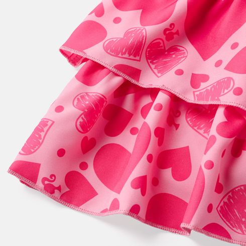 Barbie Toddler/Kid Girl Mother's Day Heart Print Layered Flutter-sleeve Dress Hot Pink big image 5