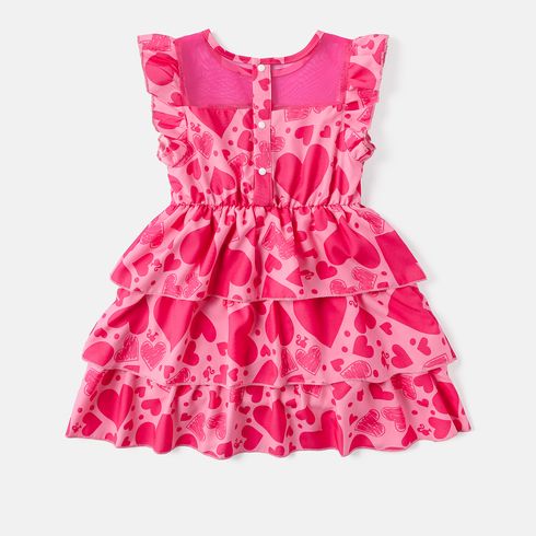 Barbie Toddler/Kid Girl Mother's Day Heart Print Layered Flutter-sleeve Dress Hot Pink big image 2