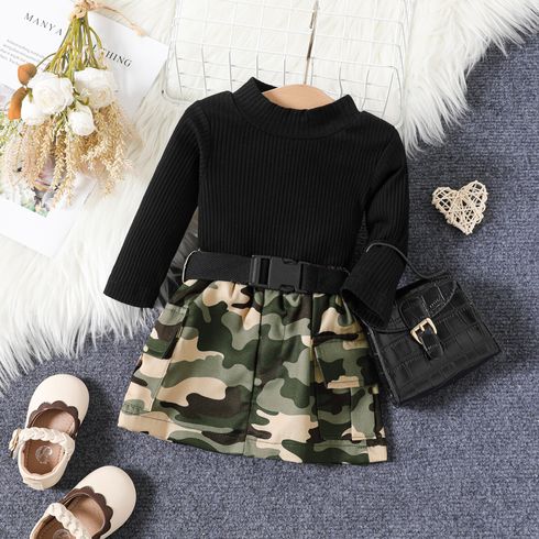 3pcs Baby Girl 95% Cotton Ribbed Mock Neck Long-sleeve Romper and Camouflage Skirt with Belt Set