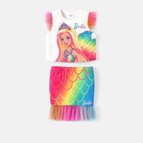 Barbie 2pcs Toddler Girl Naia Flutter-sleeve Tee and Mesh Mermaid Skirt Set Colorful big image 3