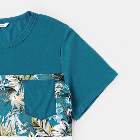 Family Matching 95% Cotton Colorblock T-shirts and Allover Plant Print Flutter-sleeve Belted Dresses Sets DeepTurquoise big image 13