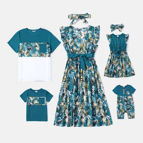 Family Matching 95% Cotton Colorblock T-shirts and Allover Plant Print Flutter-sleeve Belted Dresses Sets DeepTurquoise big image 1