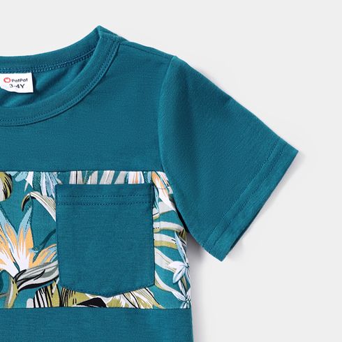 Family Matching 95% Cotton Colorblock T-shirts and Allover Plant Print Flutter-sleeve Belted Dresses Sets DeepTurquoise big image 12