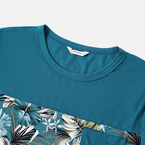 Family Matching 95% Cotton Colorblock T-shirts and Allover Plant Print Flutter-sleeve Belted Dresses Sets DeepTurquoise big image 8