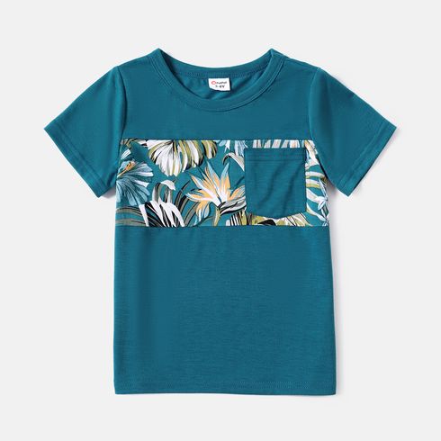 Family Matching 95% Cotton Colorblock T-shirts and Allover Plant Print Flutter-sleeve Belted Dresses Sets DeepTurquoise big image 11