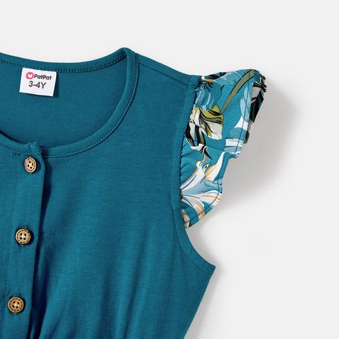 Family Matching 95% Cotton Colorblock T-shirts and Allover Plant Print Flutter-sleeve Belted Dresses Sets DeepTurquoise big image 15
