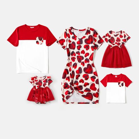 Valentine's Day Family Matching Allover Red Heart Print Twist Knot Bodycon Dresses and Short-sleeve Colorblock T-shirts Sets