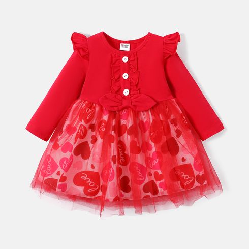 Baby Girl Cotton Red Ruffle Trim Long-sleeve Spliced Heart & Letter Print Mesh Dress