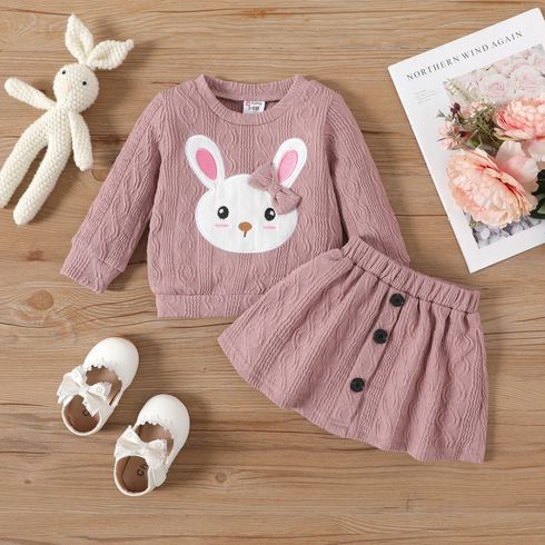 2pcs Baby Girl Rabbit Graphic Pink Cable Knit Long-sleeve Top & Skirt Set