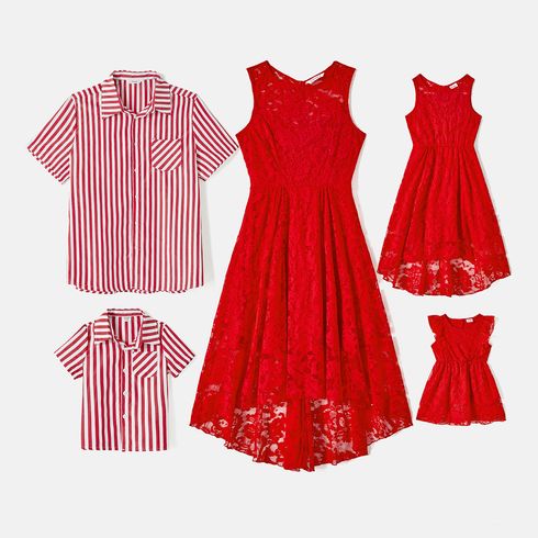 Valentine's Day Family Matching Red Lace High Low Hem Tank Dresses and Striped Shirts Sets