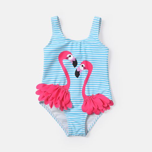 Toddler Girl Flamingo Print Ruffled Stripe Onepiece Swimsuit