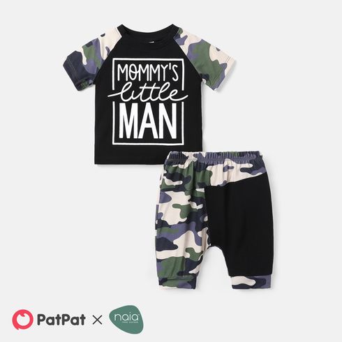 2pcs Baby Boy Short-sleeve Letter Print Black & Camouflage Naia Tee and Capri Pants Set