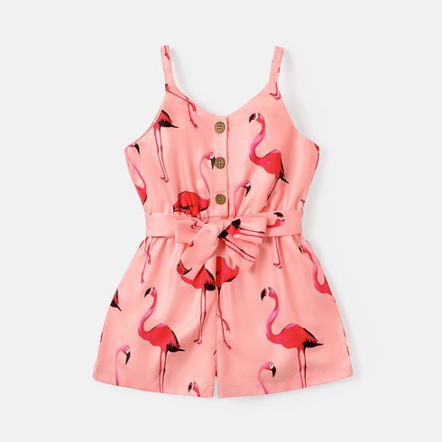 2pcs Toddler Girl Flamingo Print Button Design Slip Rompers and Belt