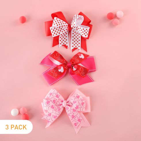 3-pack Valentine's Day Heart Print Bow Decor Hair Clips for Girls (Random Printing Position)