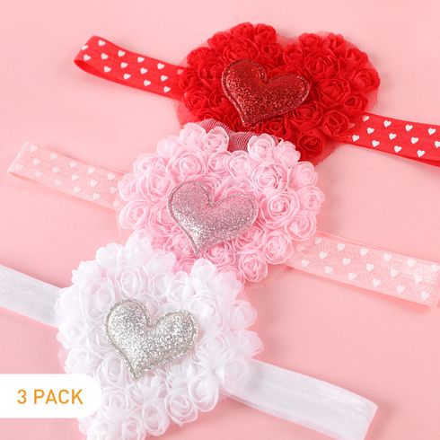 3-pack Valentine's Day Sequin Heart Decor Embroidered Rose Flower Headband for Girls