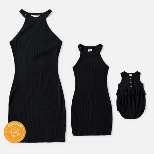Mommy and Me Black Cotton Ribbed Halter Bodycon Dresses