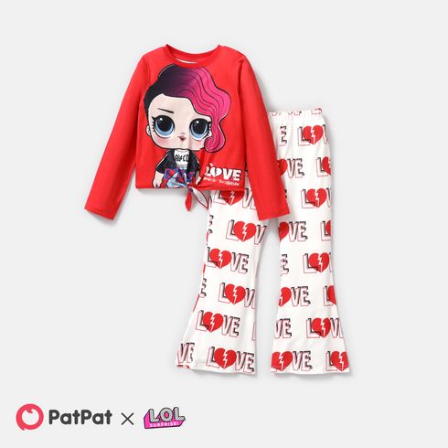 L.O.L. SURPRISE! 2pcs Kid Girl Valentine's Day Tie Knot Tee and Heart Print/Plaid Flared Pants Set