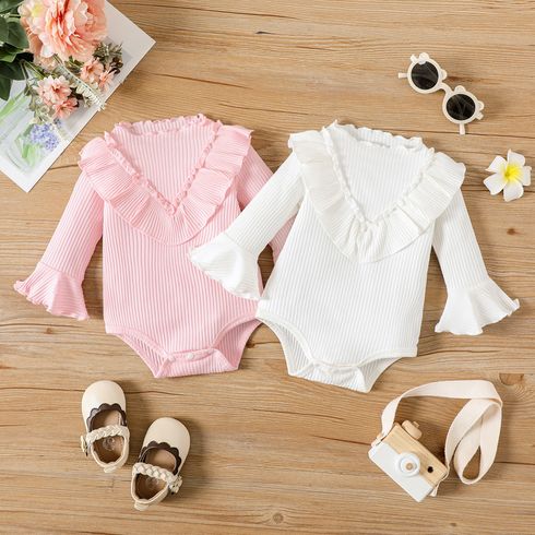 Baby Girl 95% Cotton Ribbed Ruffle Trim Long-sleeve Romper