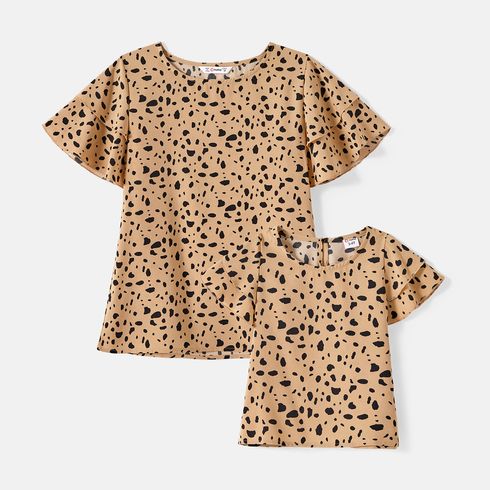 Mommy and Me Leopard Print Layered Ruffle-sleeve Tops