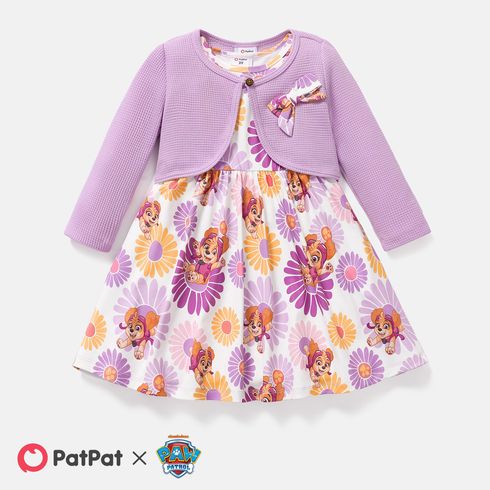PAW Patrol 2pcs Toddler Girl Naia Floral Print Sleeveless Dress and Bowknot Design Cotton Cardigan Set Purple big image 3