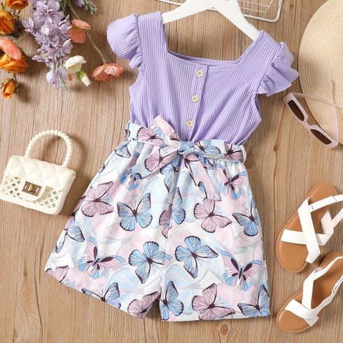 Kid Girl Butterfly Print Ribbed Splice Square Neck Flutter-sleeve Belted Rompers