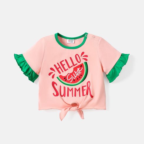 Baby Girl 100% Cotton Watermelon & Letter Print Ruffle Trim Short-sleeve Knot Front Crop Tee