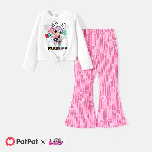 L.O.L. SURPRISE! 2pcs Kid Girl Tie Knot Cotton Long-sleeve Tee and Heart/Leopard Print Flared Pants Set