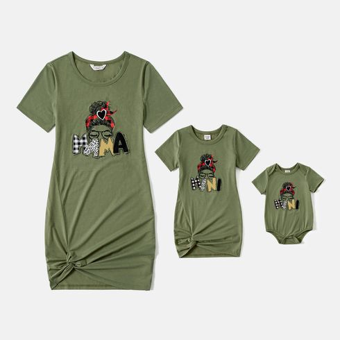 Mommy and Me Cotton Short-sleeve Figure & Letter Print Twist Knot Bodycon T-shirt Dresses