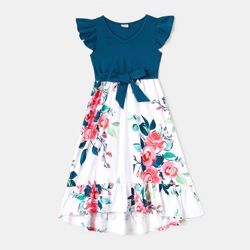 Family Matching 95% Cotton Short-sleeve Colorblock T-shirts and Floral Print High Low Hem Spliced Naia™ Dresses Sets ColorBlock big image 10