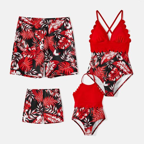 Family Matching Allover Plant Print Swim Trunks and Scallop Trim One-piece Swimsuit