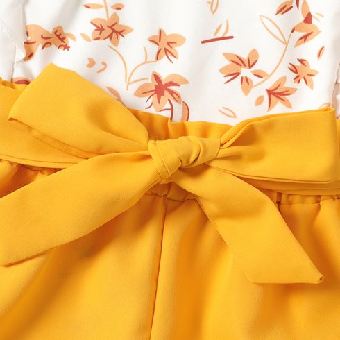 2Pcs Kid Girl Floral Print Ruffled Tank Top and Belted Shorts Set Yellow big image 6
