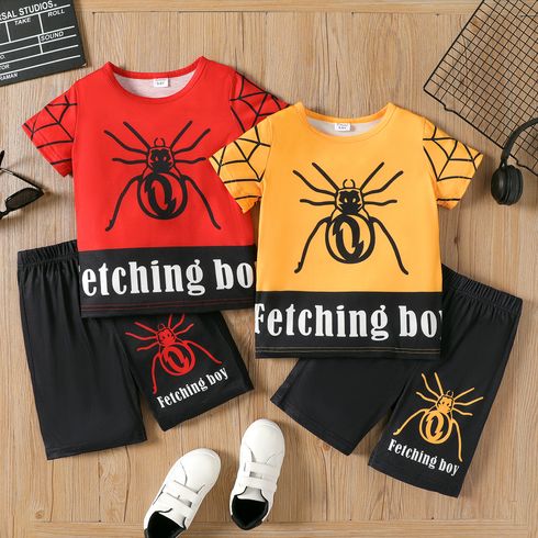 2pcs Kid Boy Spider Print Colorblock Short-sleeve Tee and Shorts Set