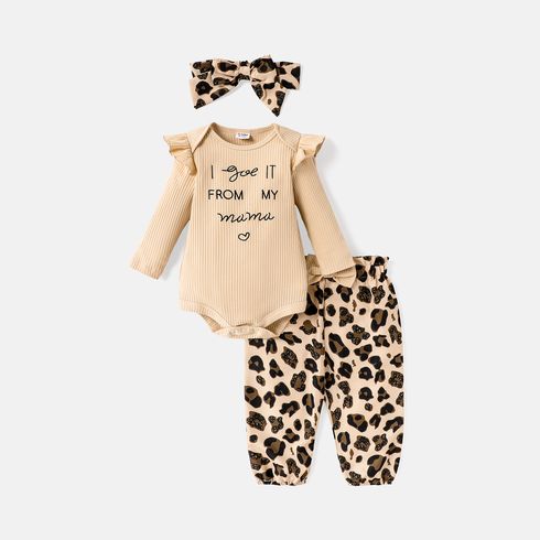 3pcs Baby Girl Cotton Ribbed Letter Embroidered Ruffle Long-sleeve Romper and Leopard Print Pants & Headband Set