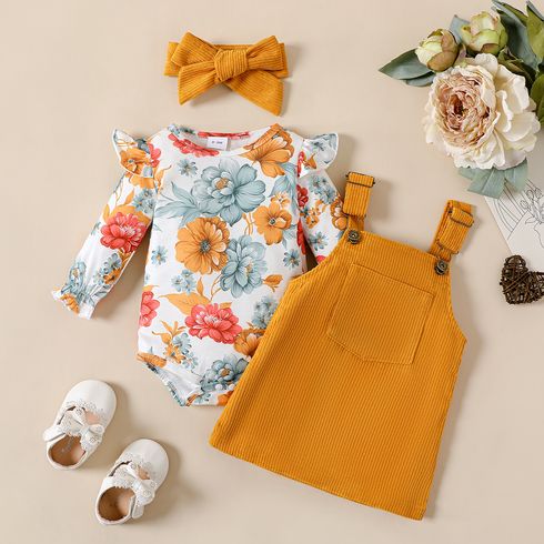 3pcs Baby Girl Floral Print Ruffle Long-sleeve Romper and Solid Corduroy Overall Dress & Headband Set