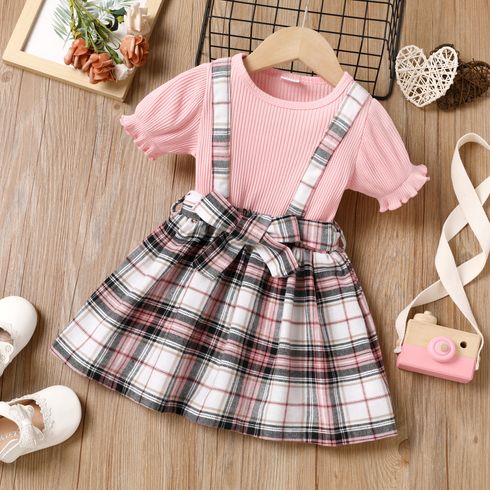 2pcs Toddler Girl Ribbed Tee and Plaid Belted Suspender Skirt Set