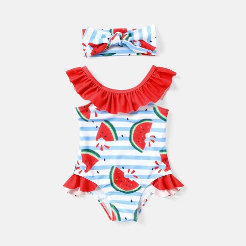 2pcs Baby Girl Contrast Ruffle Trim Watermelon Print Striped One-piece Swimsuit & Headband Set