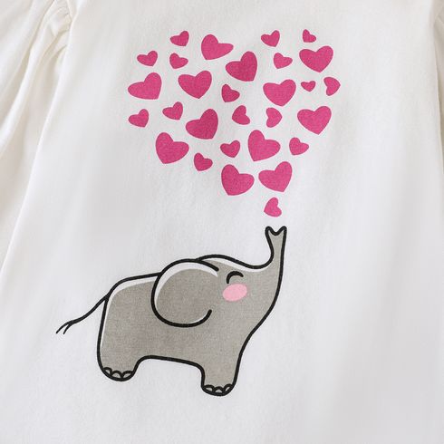 3pcs Baby Girl 95% Cotton Long-sleeve Elephant Graphic Romper and Allover Heart Print Flared Pants & Headband Set White big image 3