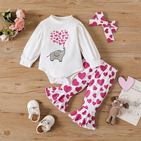 3pcs Baby Girl 95% Cotton Long-sleeve Elephant Graphic Romper and Allover Heart Print Flared Pants & Headband Set White big image 1