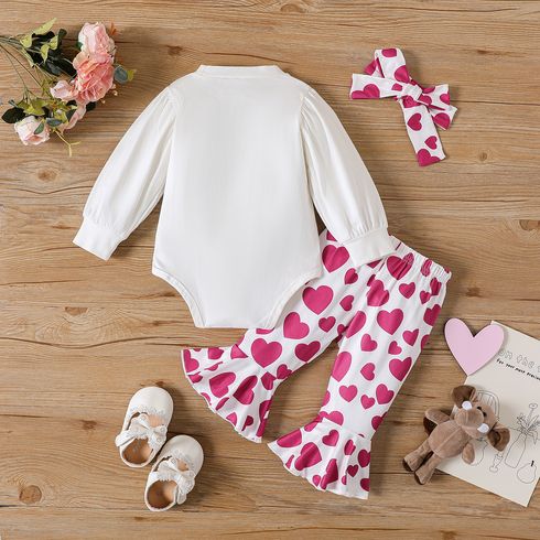 3pcs Baby Girl 95% Cotton Long-sleeve Elephant Graphic Romper and Allover Heart Print Flared Pants & Headband Set White big image 2
