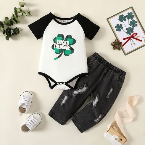 St. Patrick's Day 2pcs Baby Boy 95% Cotton Raglan Sleeve Graphic Romper and Ripped Jeans Set