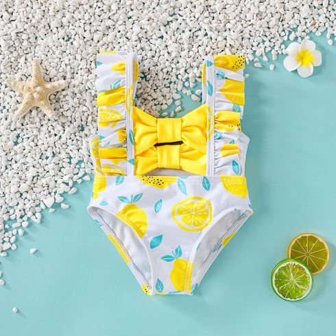 Baby Girl Allover Lemon Print Bow Front Ruffle Trim One-piece Swimsuit