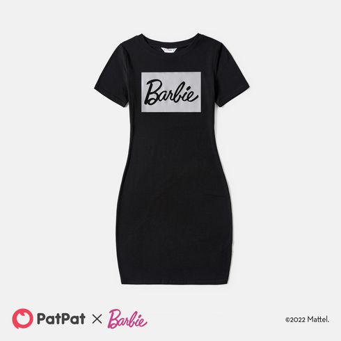Barbie Mommy and Me Black Cotton Short-sleeve Letter Print Bodycon T-shirt Dresses Black big image 2