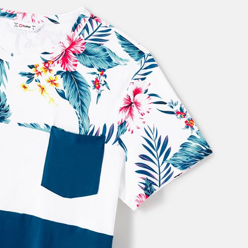Family Matching Cotton Solid Spliced Plant Print High Low Hem Belted Naia™ Cami Dresses and Short-sleeve T-shirts Sets ColorBlock big image 16