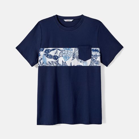Family Matching 95% Cotton Allover Plant Print Short-sleeve Belted Spliced Dresses and T-shirts Sets BLUE WHITE big image 11