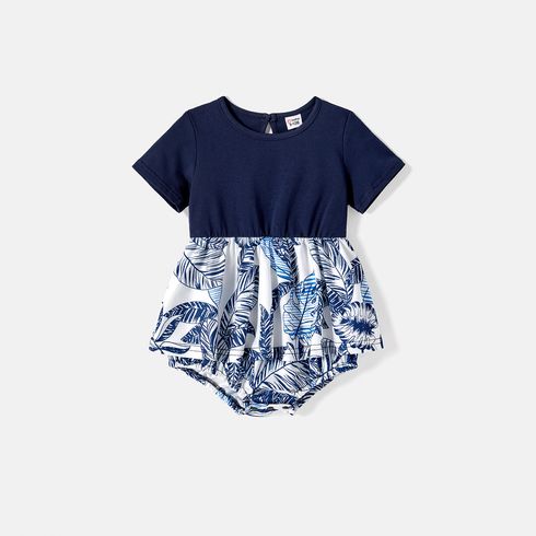 Family Matching 95% Cotton Allover Plant Print Short-sleeve Belted Spliced Dresses and T-shirts Sets BLUE WHITE big image 8