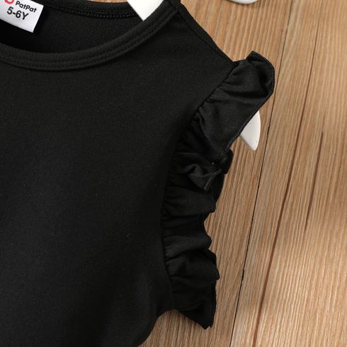 2pcs Kid Girl Flutter-sleeve Tee and Heart Print Belted Shorts Set Black big image 4