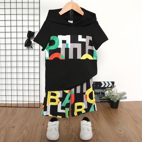 2pcs Kid Boy Letter Print Colorblock Hooded Tee and Shorts Set