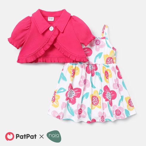 2pcs Baby Girl Floral Print Naia™ Slip Dress and Lapel Collar Cardigan Set
